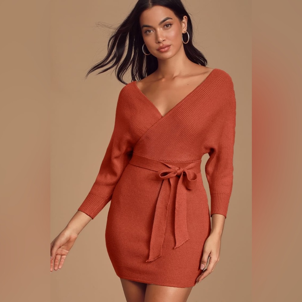 Lulus Petal Roz modena rust brown dolman sleeve bodycon mini sweater dress